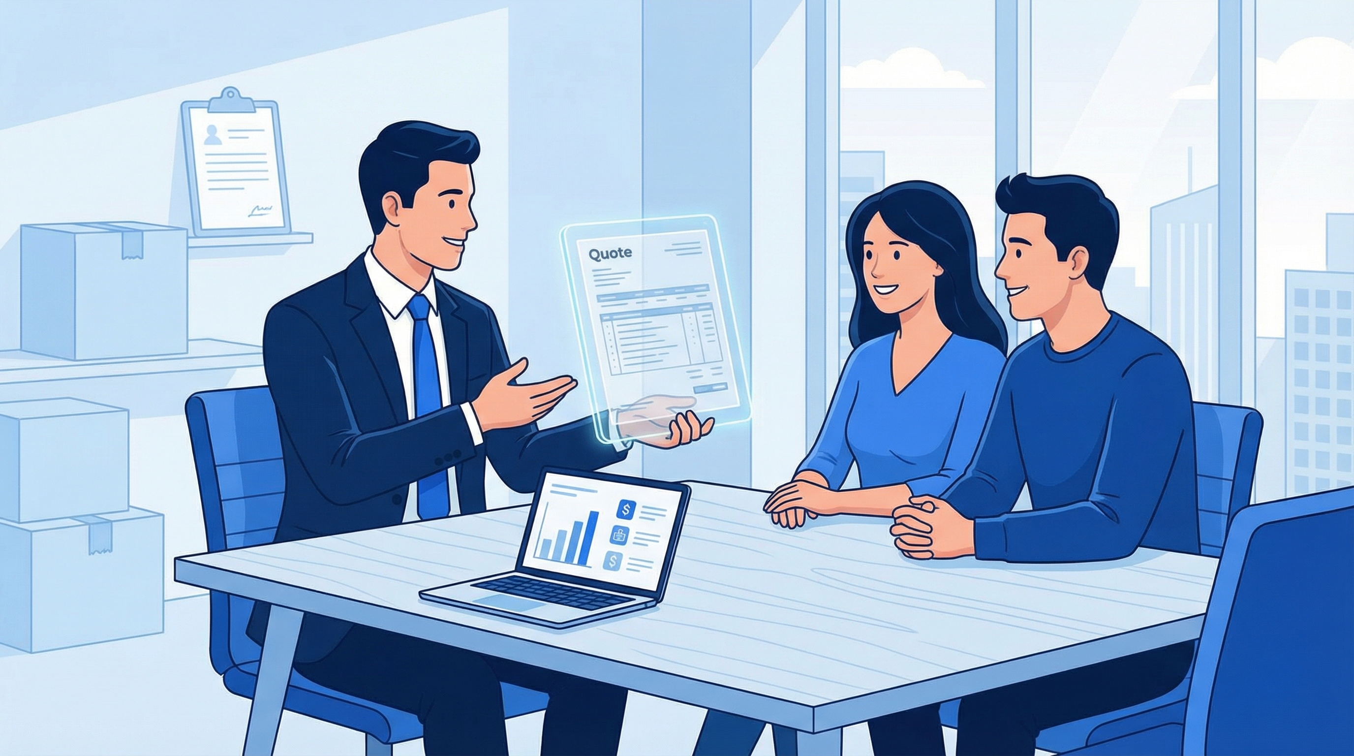 Verhuisprofessional presenteert een transparante offerte aan tevreden klanten in een modern kantoor met verhuisdozen op de achtergrond