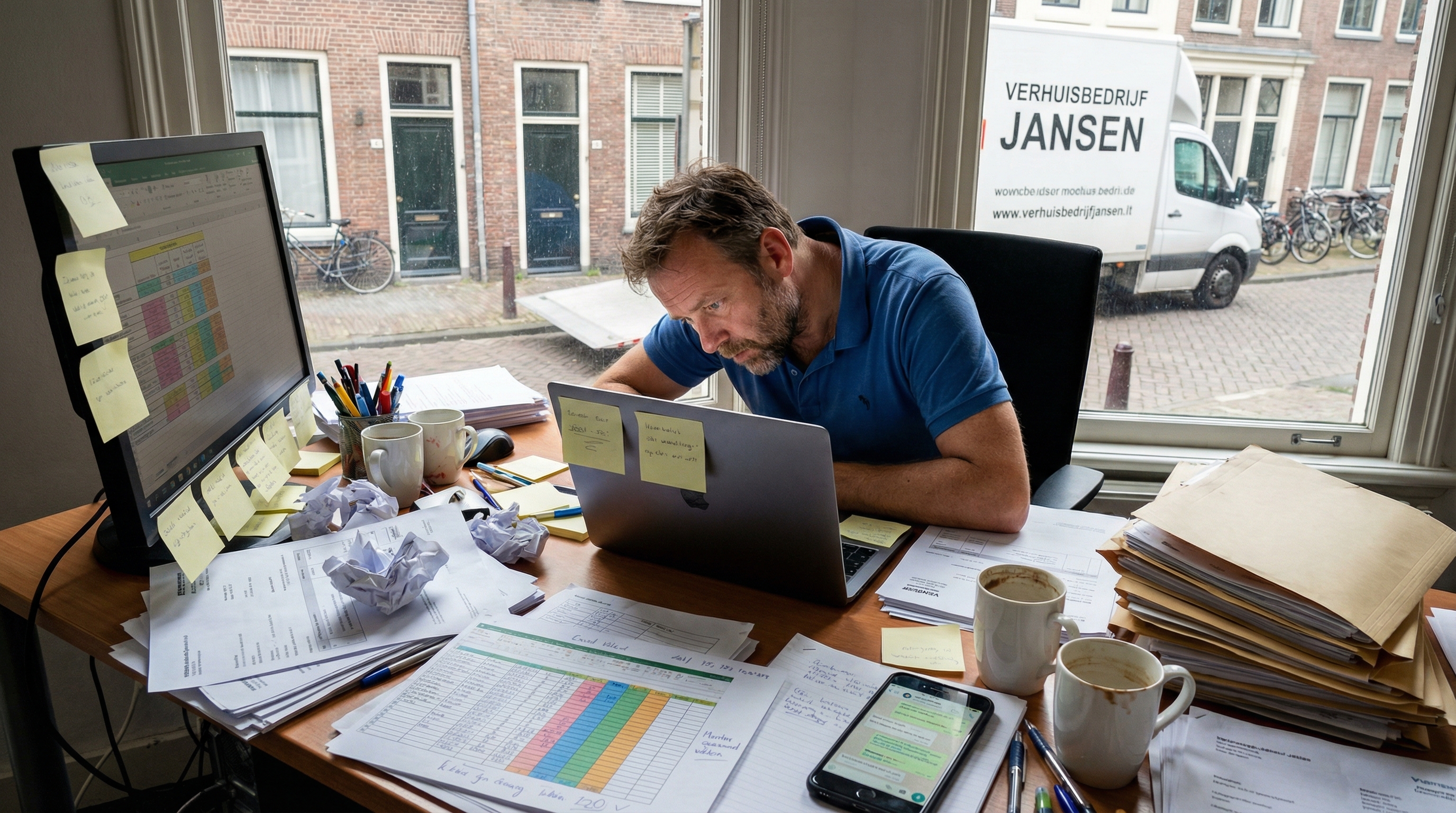 Verhuisbedrijf kantoor met laptop en overzichtelijk dashboard