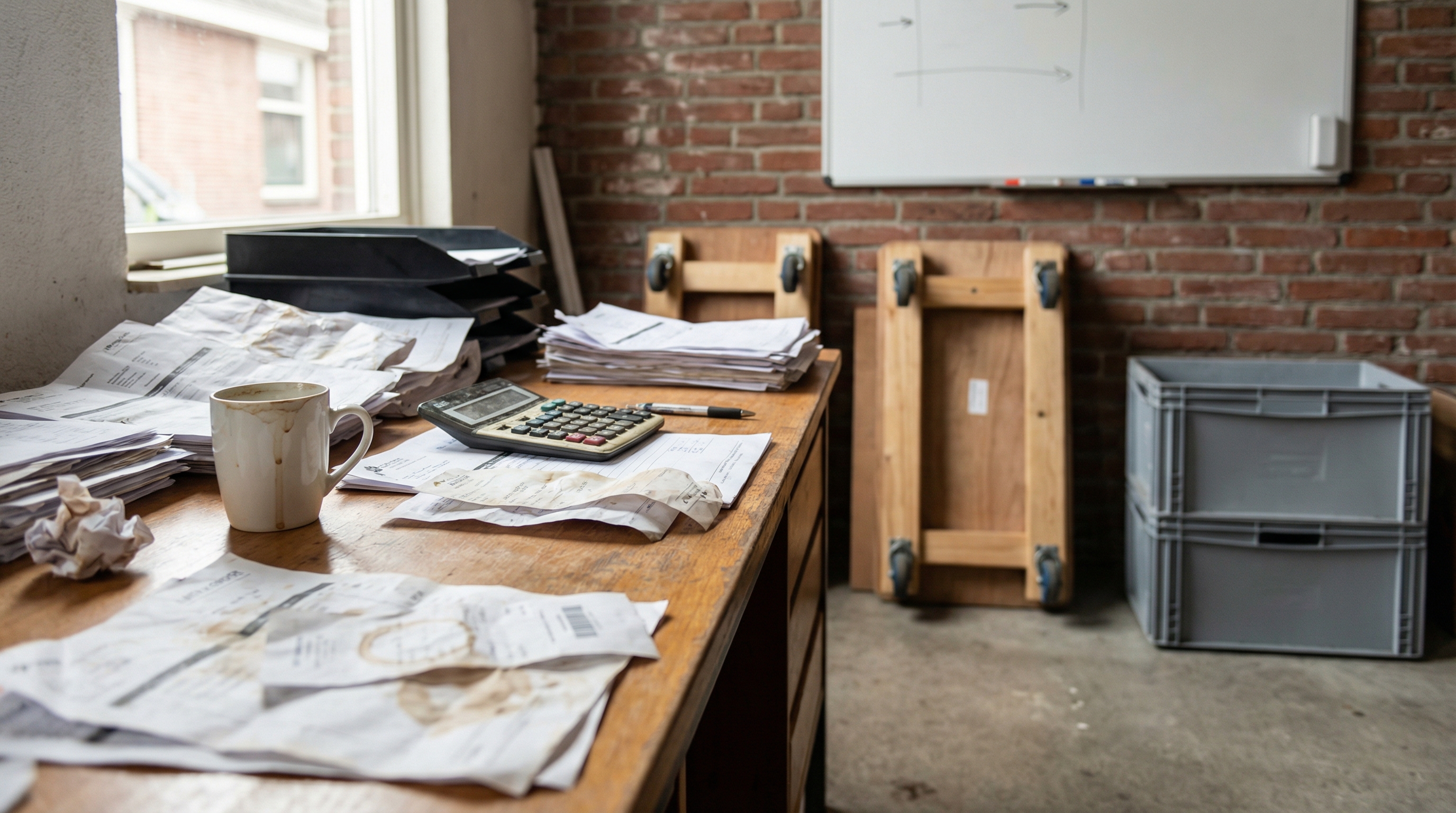 Stapel papieren werkbonnen en dozen in een verhuiswagen
