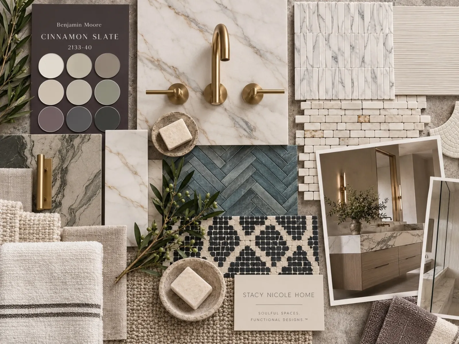 Bathroom material concept combining cream marble, brass taps, ribbed tile, green herringbone tile and textured neutral fabrics.