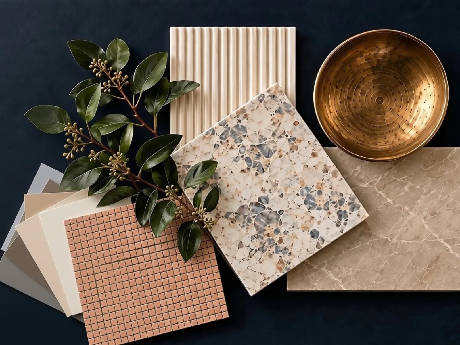 Material flatlay with terracotta mosaic, terrazzo, cream ribbed tile, taupe stone, a brass bowl and greenery on navy.