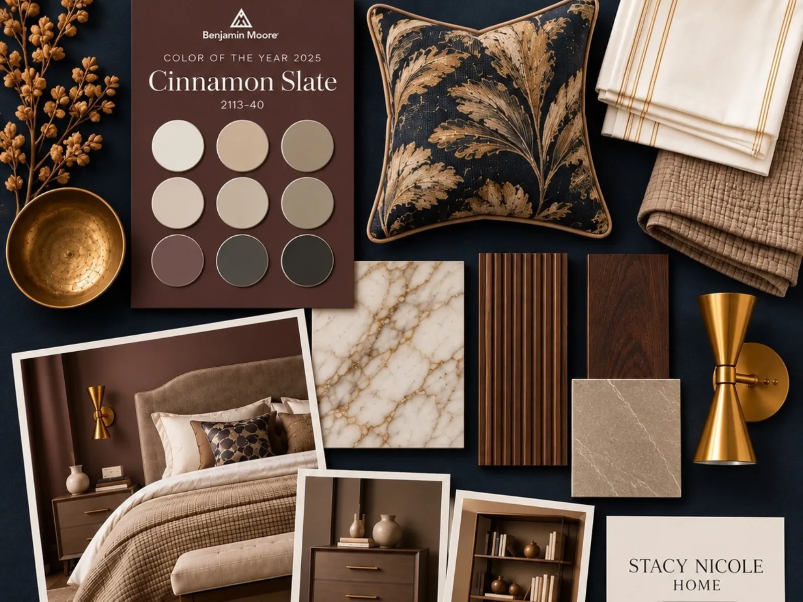 Bedroom concept with Cinnamon Slate paint, a navy botanical cushion, cream bedding, dark wood, marble and a brass sconce.
