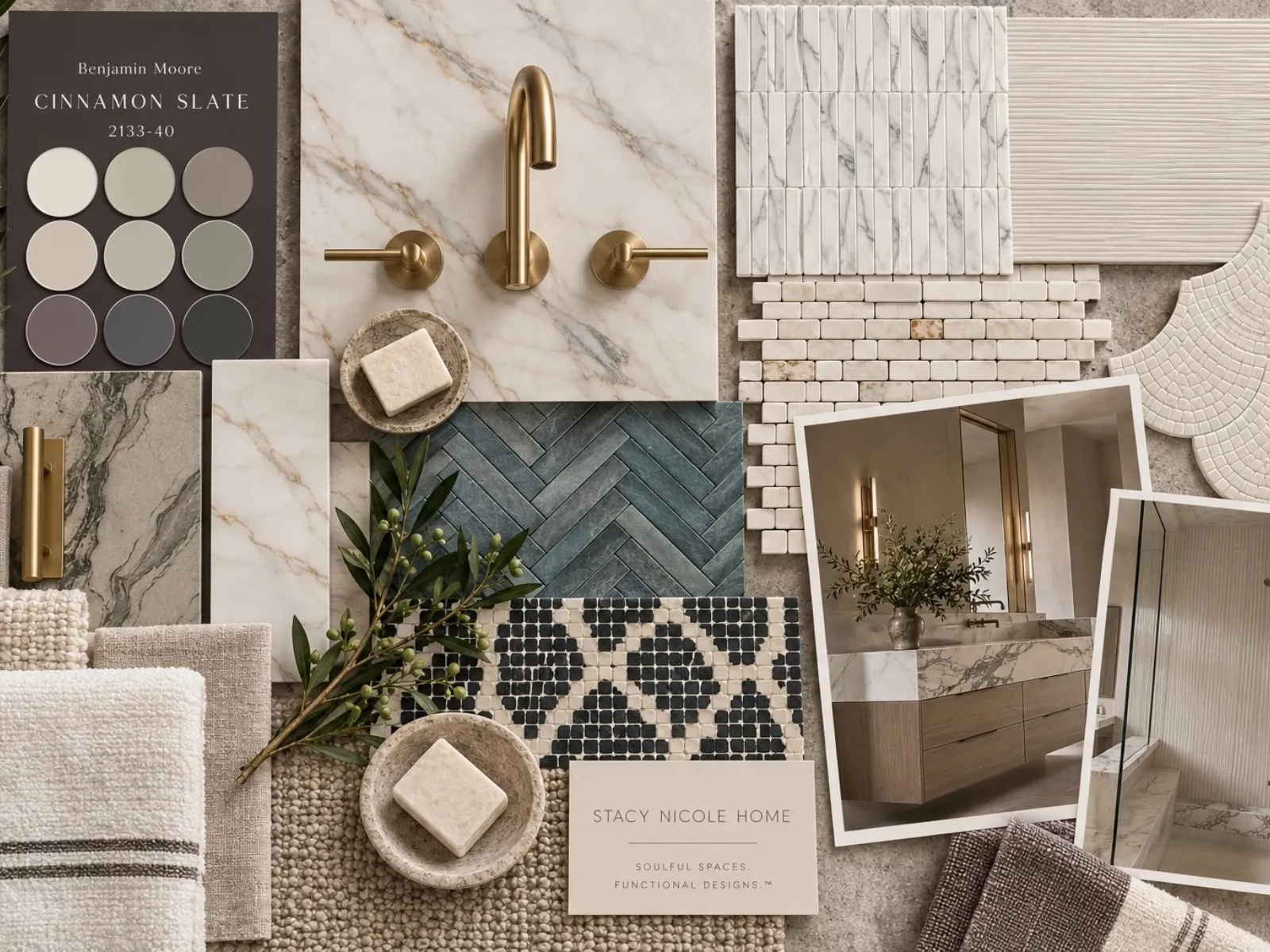 Bathroom concept board with Cinnamon Slate paint, brass taps, cream marble, green herringbone tile and bathroom renderings.