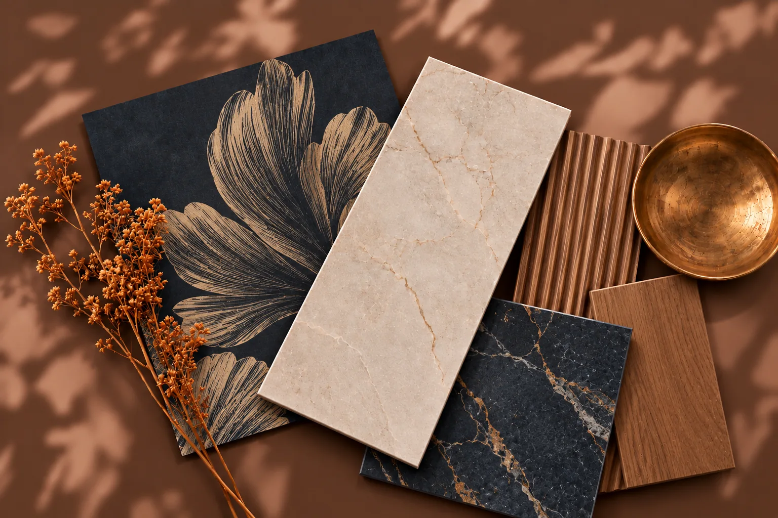 Material concept with navy botanical wallpaper, cream stone, dark veined stone, fluted wood, a brass bowl and dried flowers.