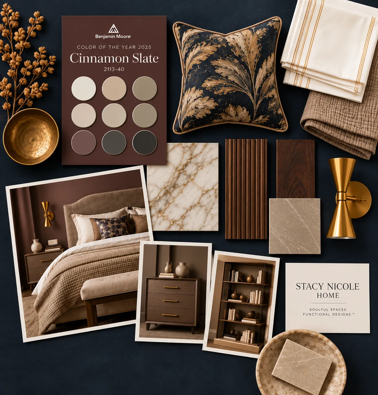 Bedroom palette with Cinnamon Slate paint, navy botanical fabric, cream marble, fluted wood, a brass sconce and bedroom renderings.