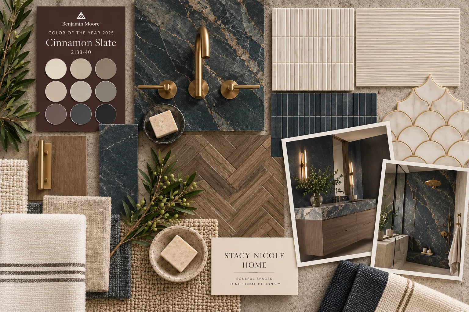 Bathroom concept with Cinnamon Slate paint, dark veined stone, brass taps, wood-look herringbone tile and neutral textiles.