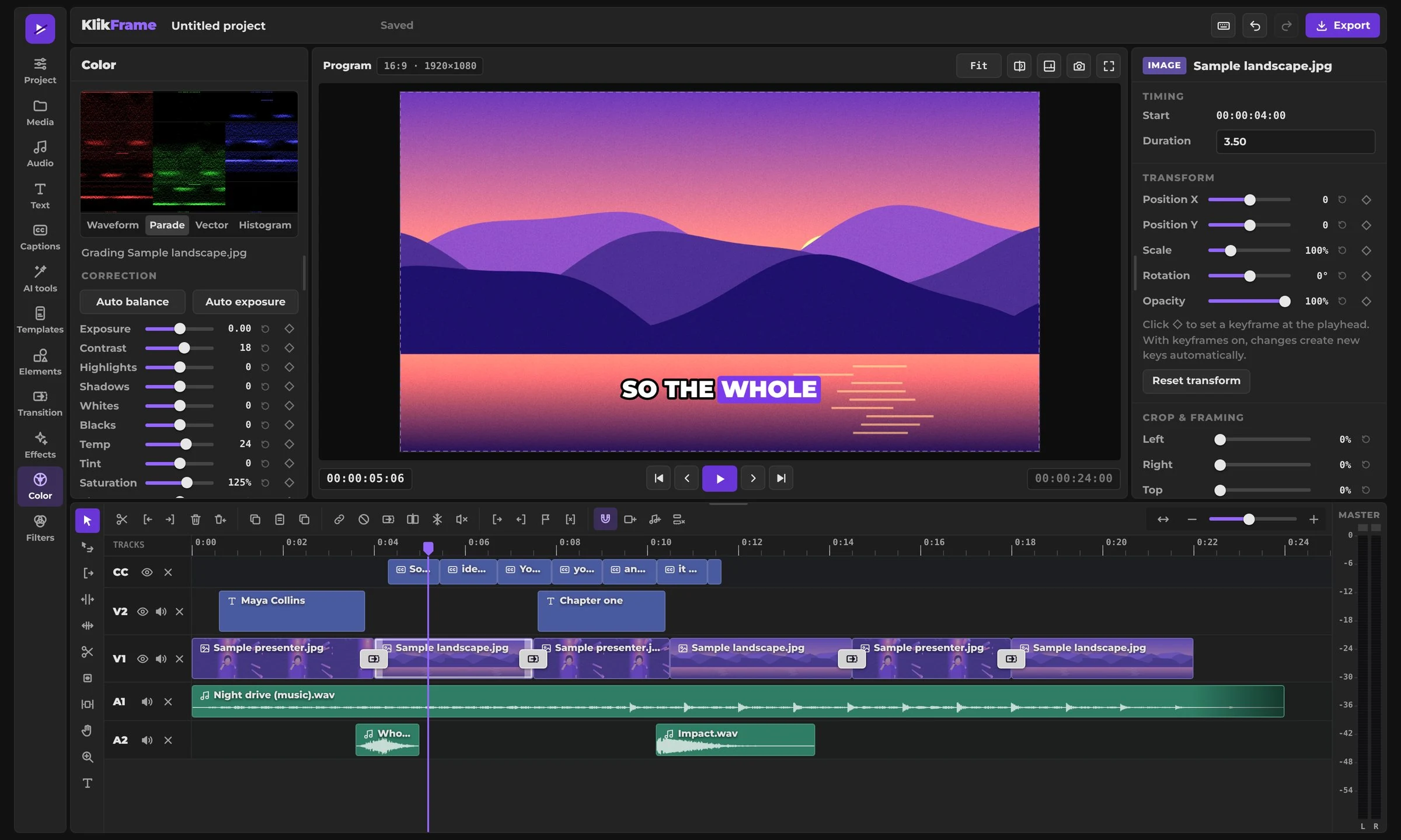 KlikFrame editor with a multitrack timeline, color correction and inspector