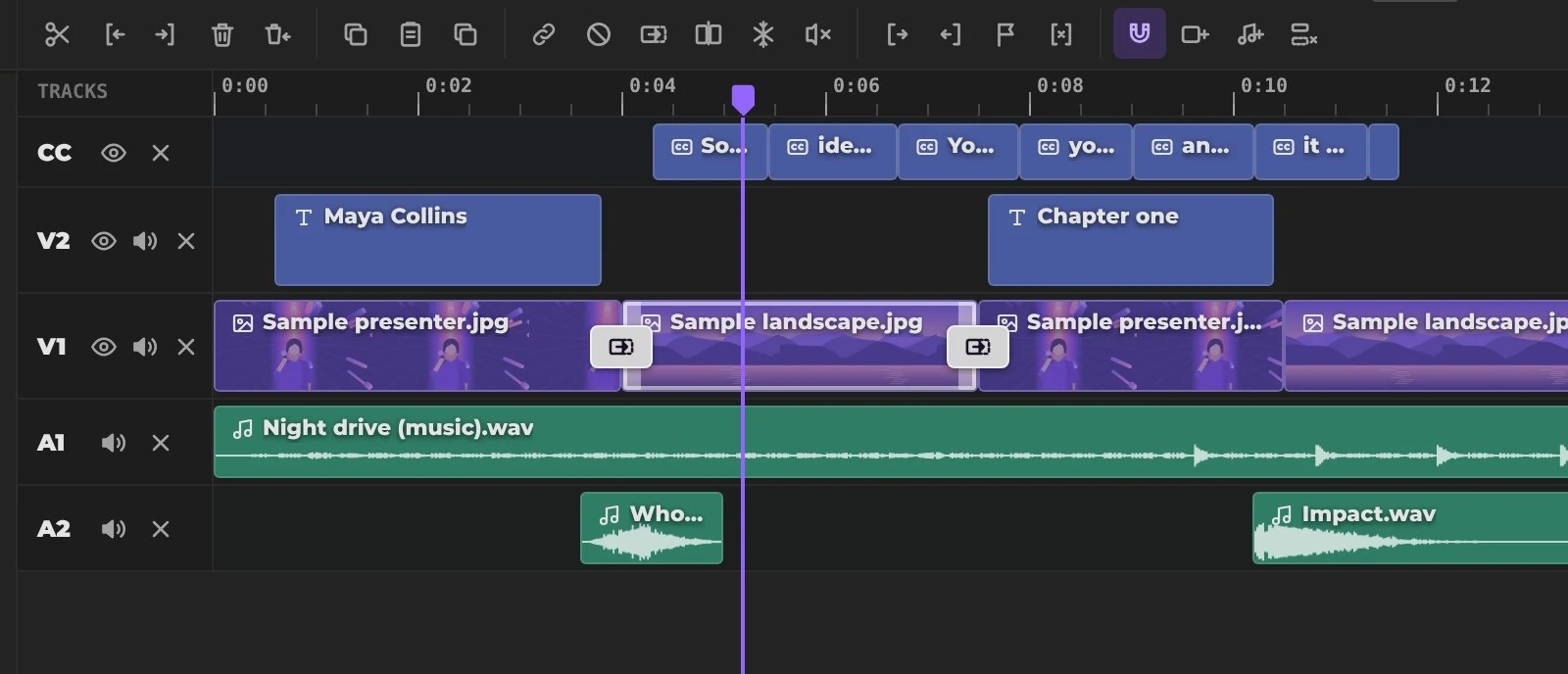 KlikFrame timeline with titles, captions, clips, music and sound effects