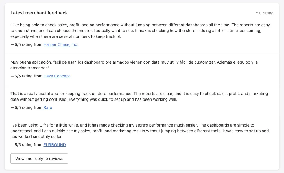 Latest merchant feedback on Cifra Analytics showing four five-star reviews praising easy setup, clear reports and seeing sales, profit and ad performance in one place