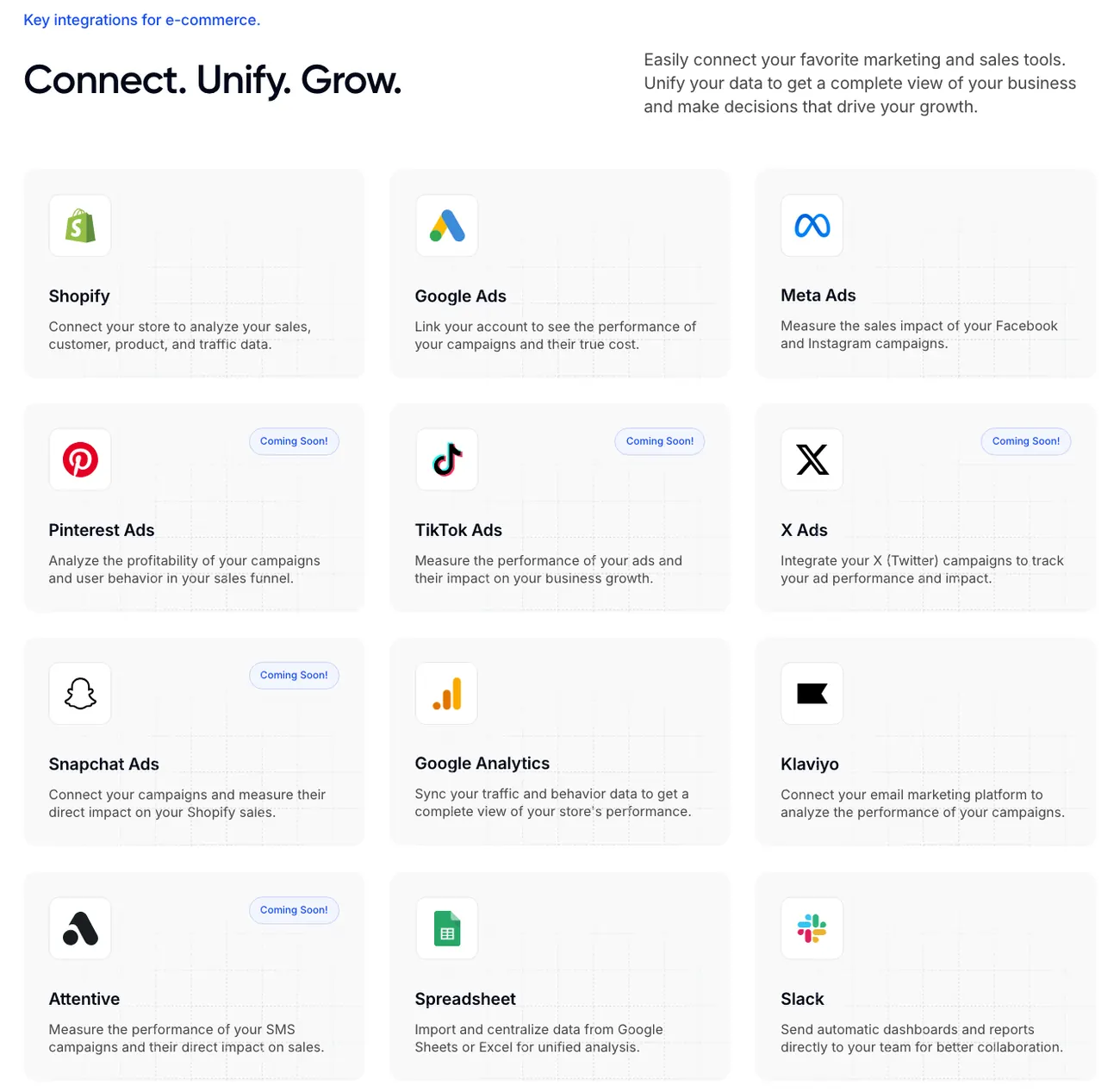 Cifra integrations grid: Shopify, Google Ads, Meta Ads, Google Analytics, Klaviyo, Spreadsheet and Slack live, with Pinterest, TikTok, X, Snapchat and Attentive coming soon