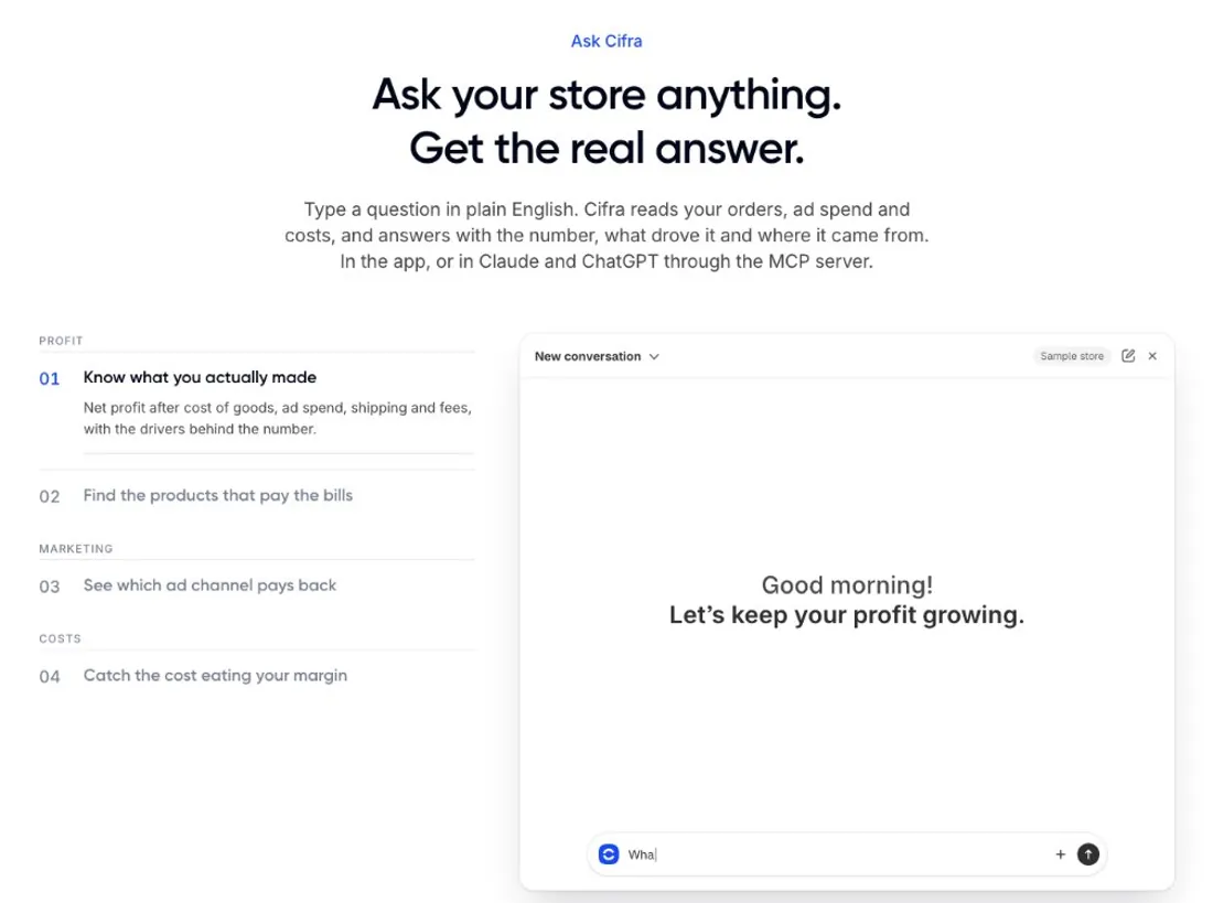 Ask Cifra section: Ask your store anything, get the real answer, with an AI chat interface that works in the app and in Claude and ChatGPT through the MCP server