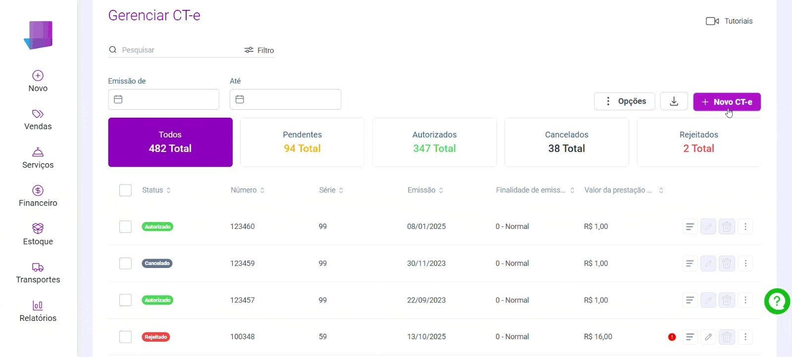 Painel do Simplifique com a lista de notas emitidas