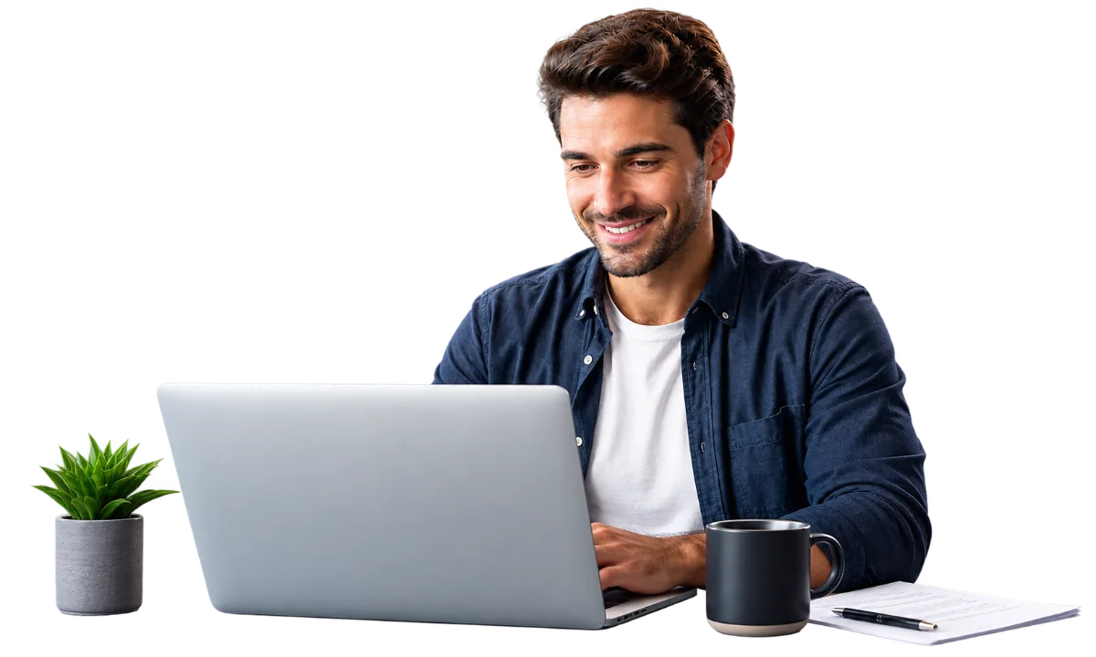 Homem trabalhando em um laptop com gráficos digitais, simbolizando a automação e controle do negócio