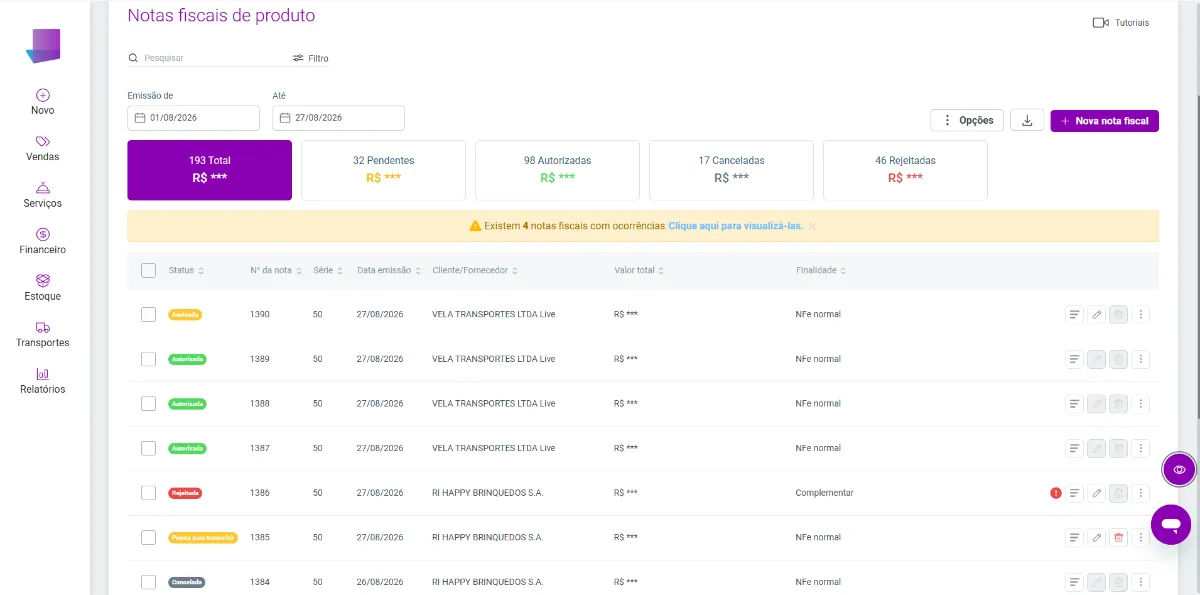 Interface do sistema Simplifique com a lista de notas emitidas