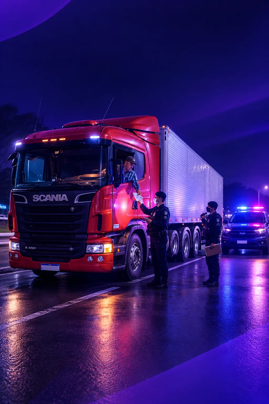 Caminhão de carga parado em blitz de fiscalização de trânsito à noite