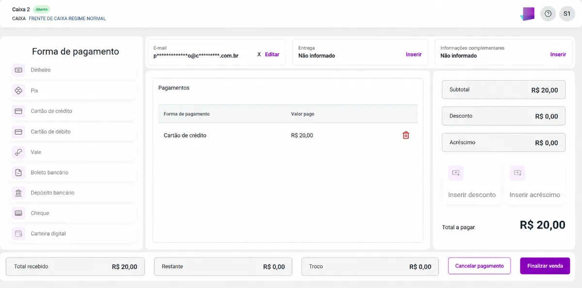 Interface do sistema Simplifique com a tela de pagamento da NFC-e