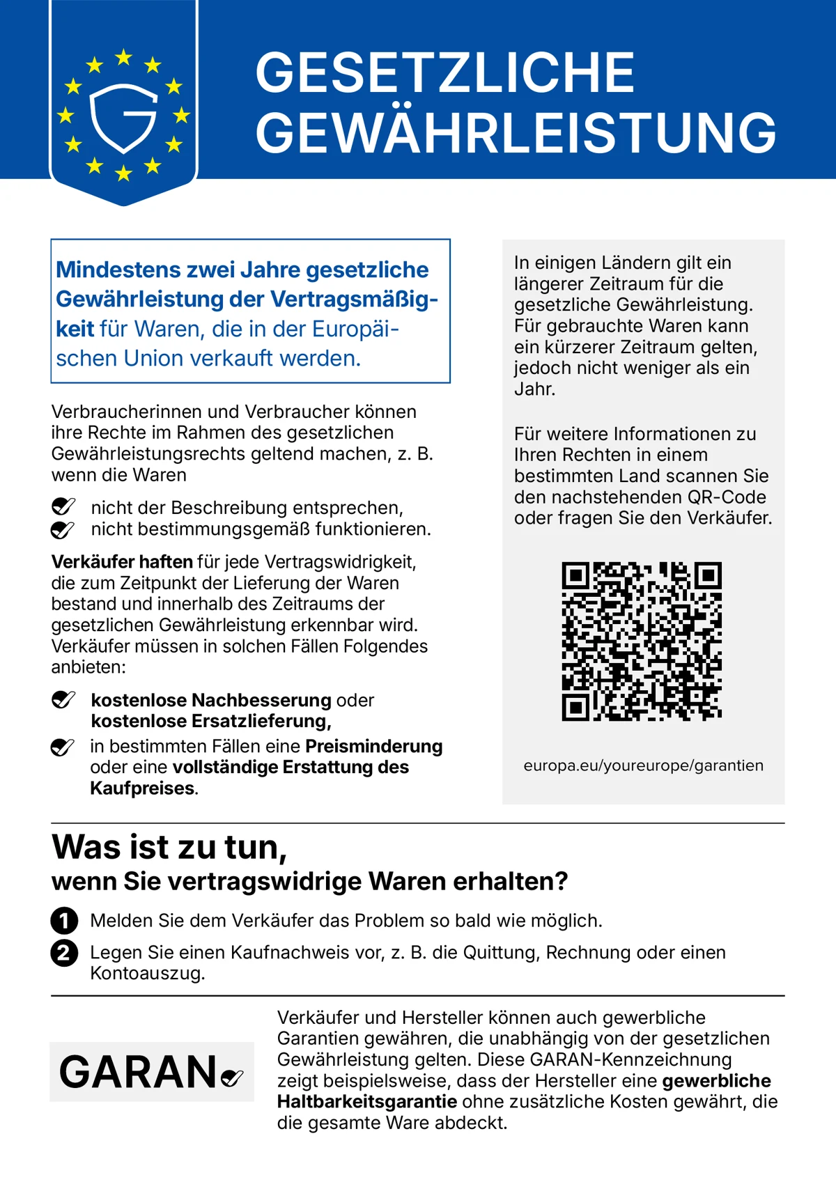Offizielle EU-Information „Gesetzliche Gewährleistung“: mindestens zwei Jahre gesetzliche Gewährleistung für in der EU verkaufte Waren, Rechte bei vertragswidrigen Waren und Hinweise zum Vorgehen.
