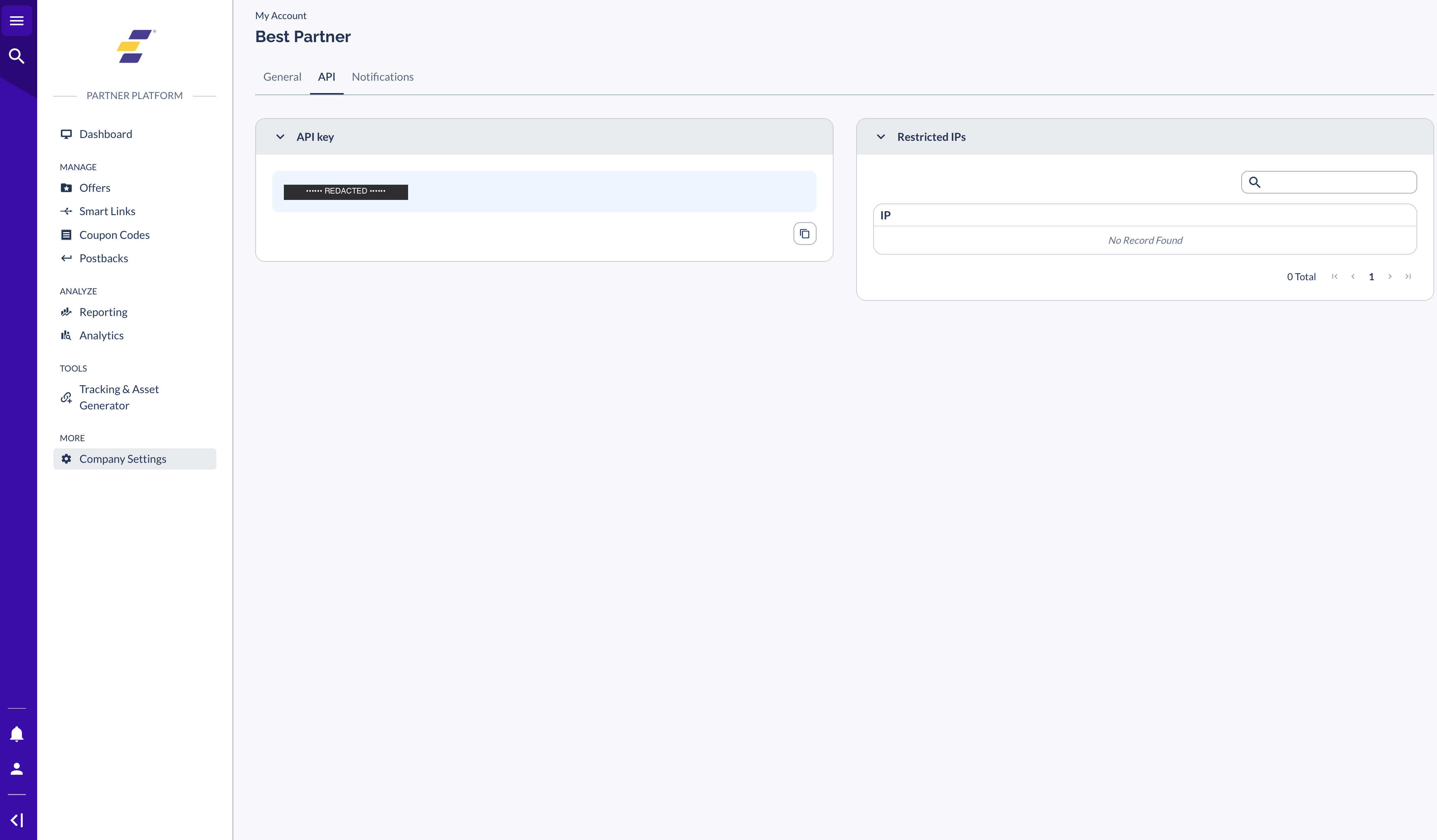 API tab showing the API key field (key value redacted)