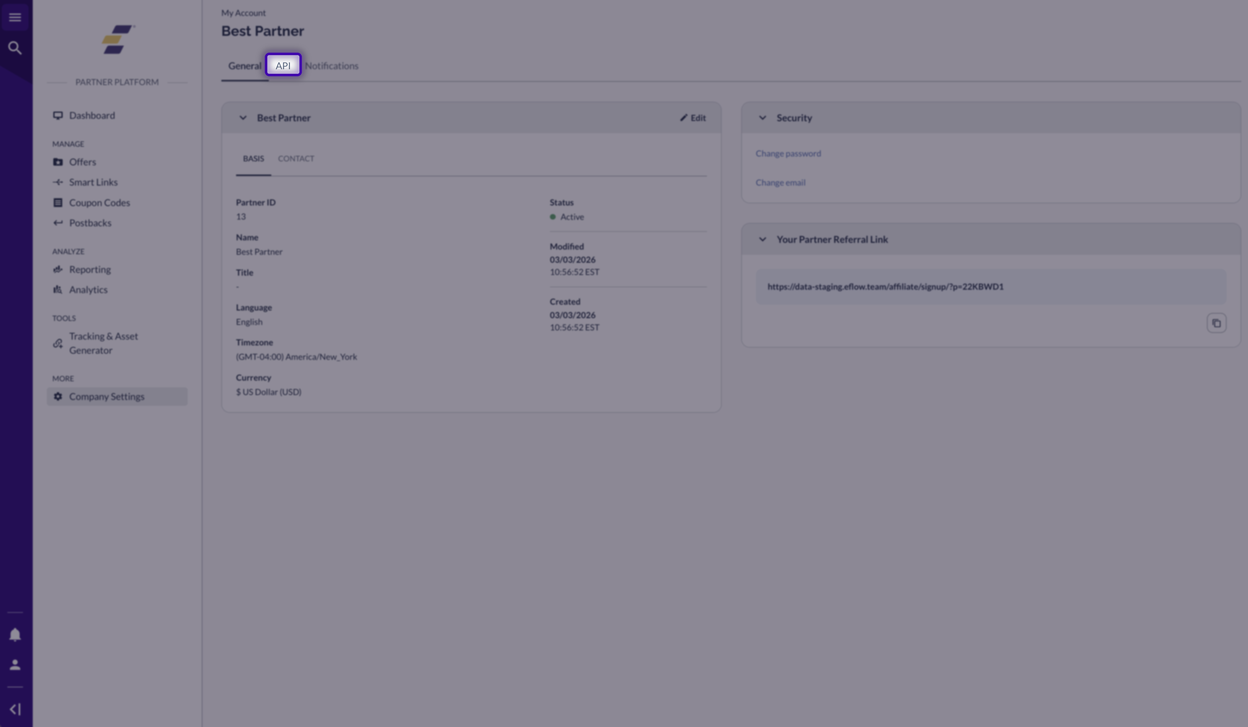 My Account General tab with the API tab highlighted