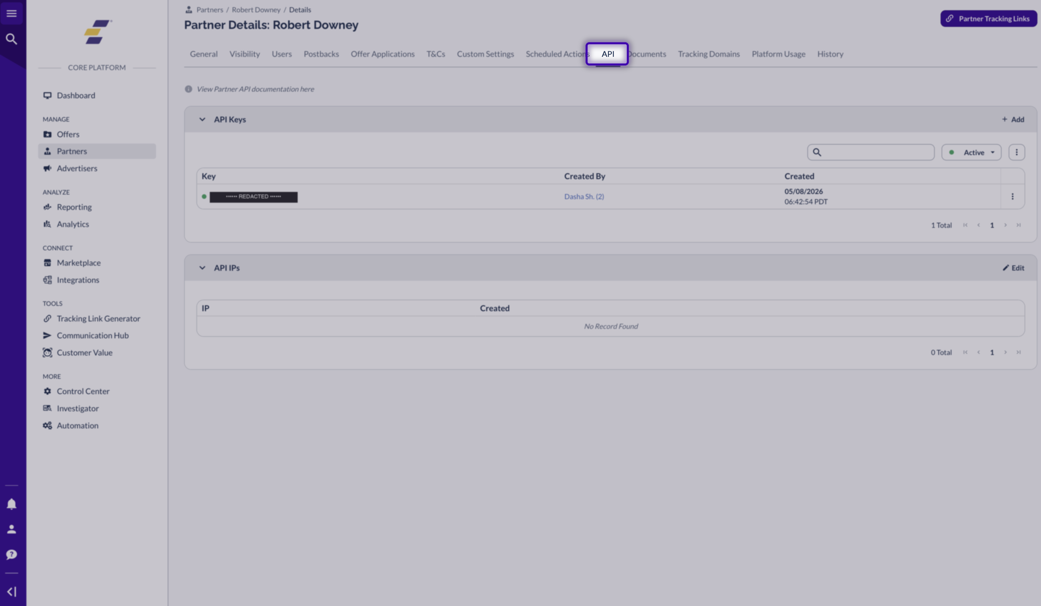 Partner Details page in Core Platform with the API tab highlighted