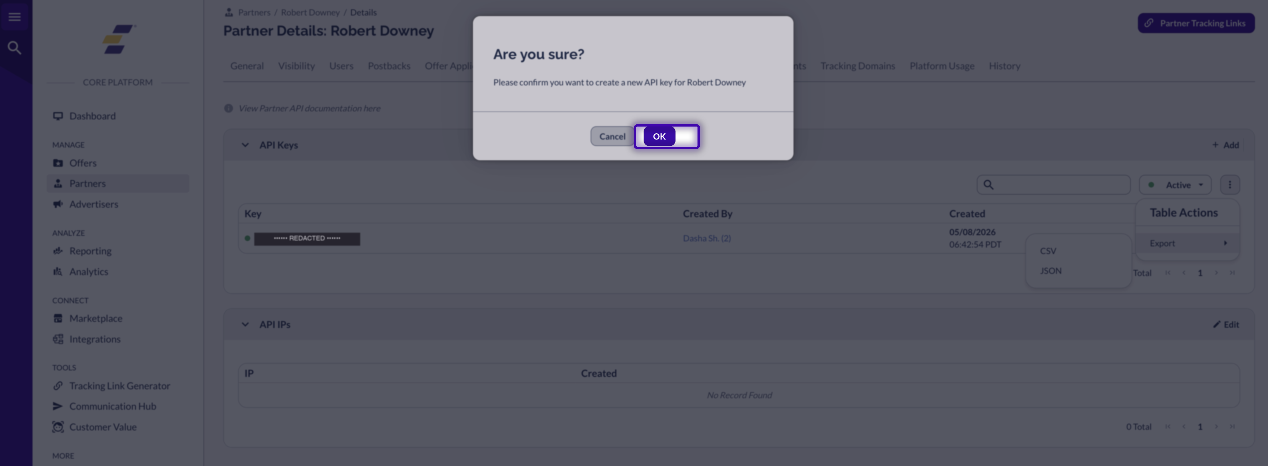 Confirmation modal -- Are you sure you want to create a new API key -- with the OK button highlighted