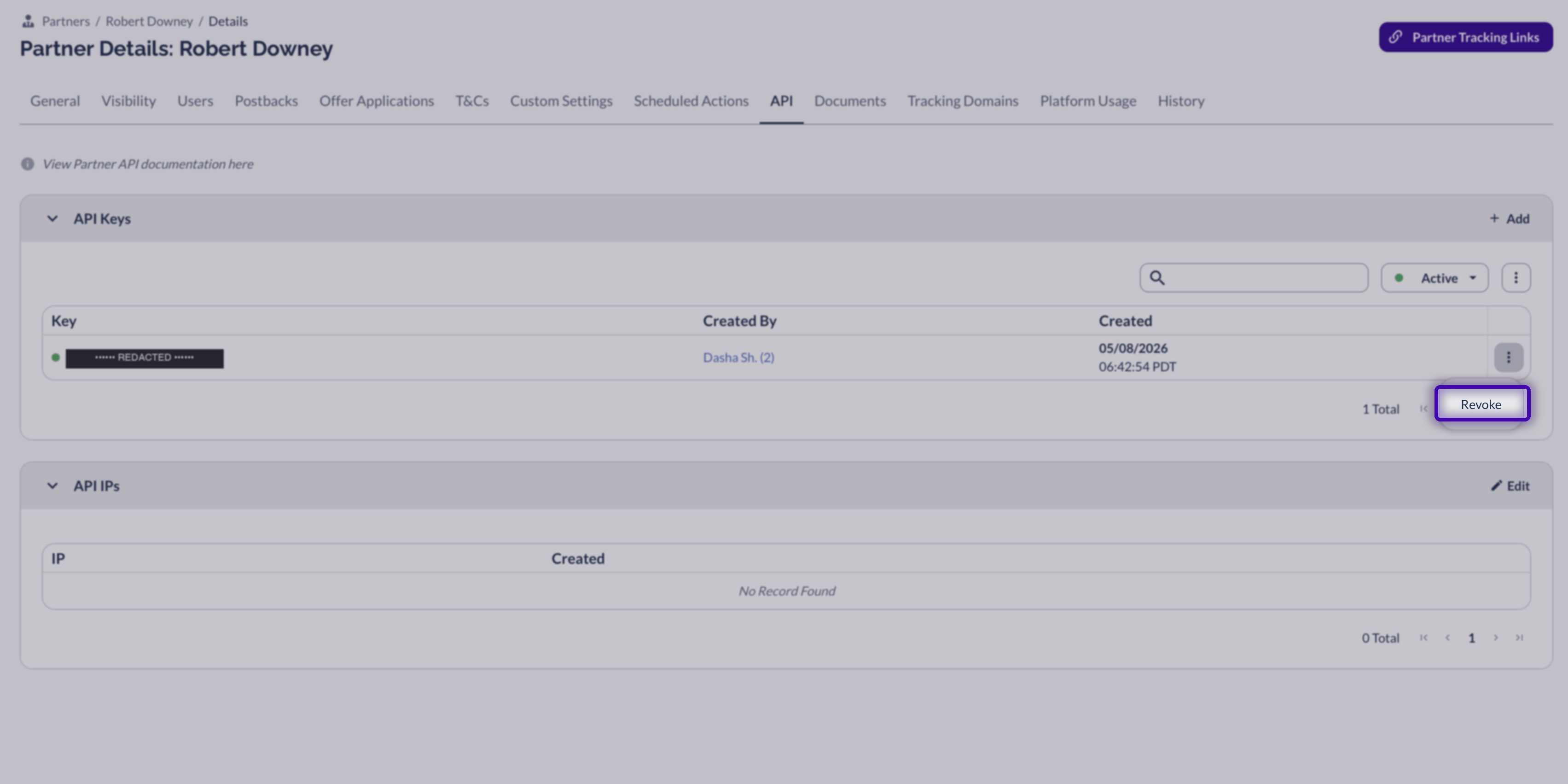 Three-dot row menu open with the Revoke option highlighted