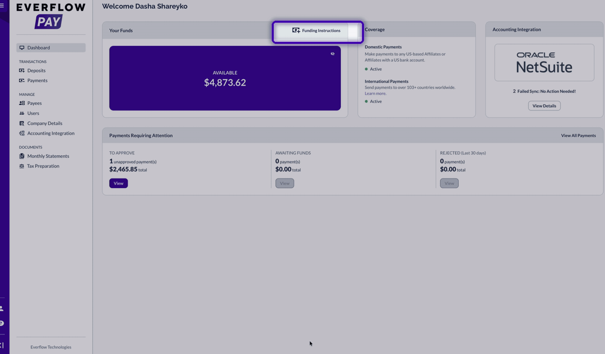Animated walkthrough of clicking Funding Instructions on the Your Funds card and the modal opening with bank details. Highlights show what to click and where to look.