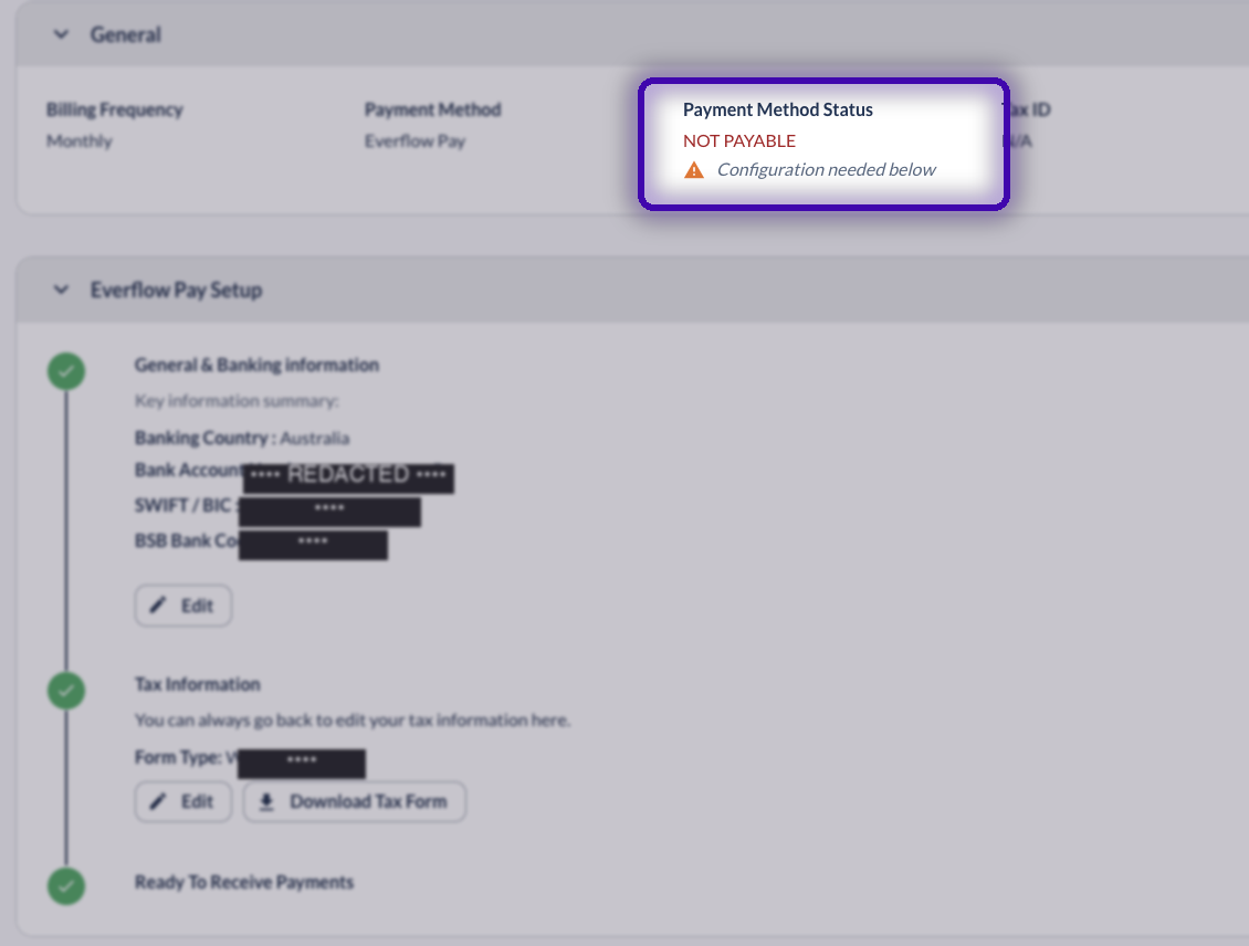 Partner-side Partner Platform view: Payment Method Status NOT PAYABLE with Configuration needed below warning during 24-hour Account Vetting
