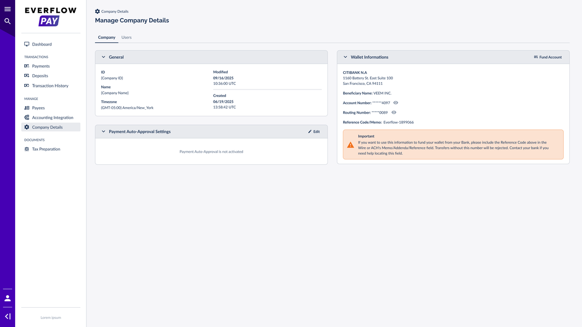 Payment Auto-Approval Settings card in Company Details