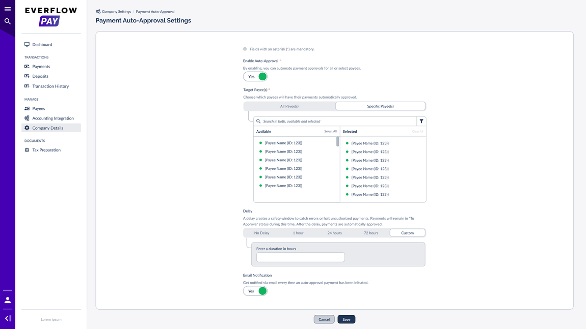 Choosing All Payees or Specific Payees for Auto-Approval