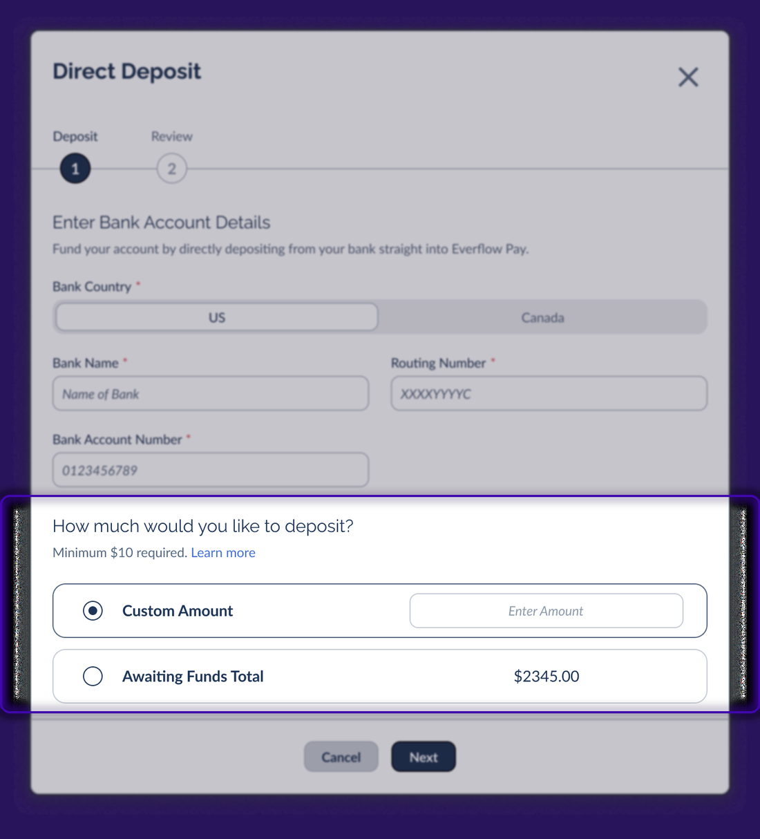 Direct Deposit form with the amount section and $10 minimum highlighted