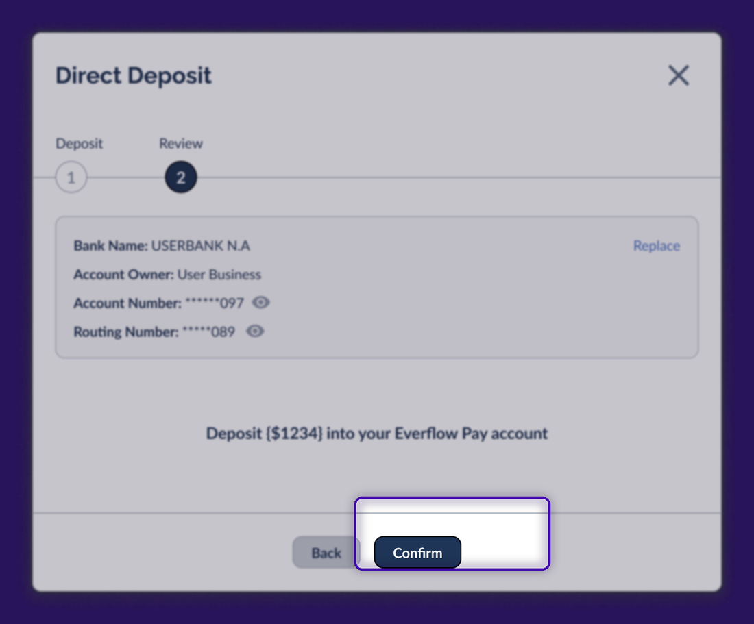 Review screen with the Confirm button highlighted