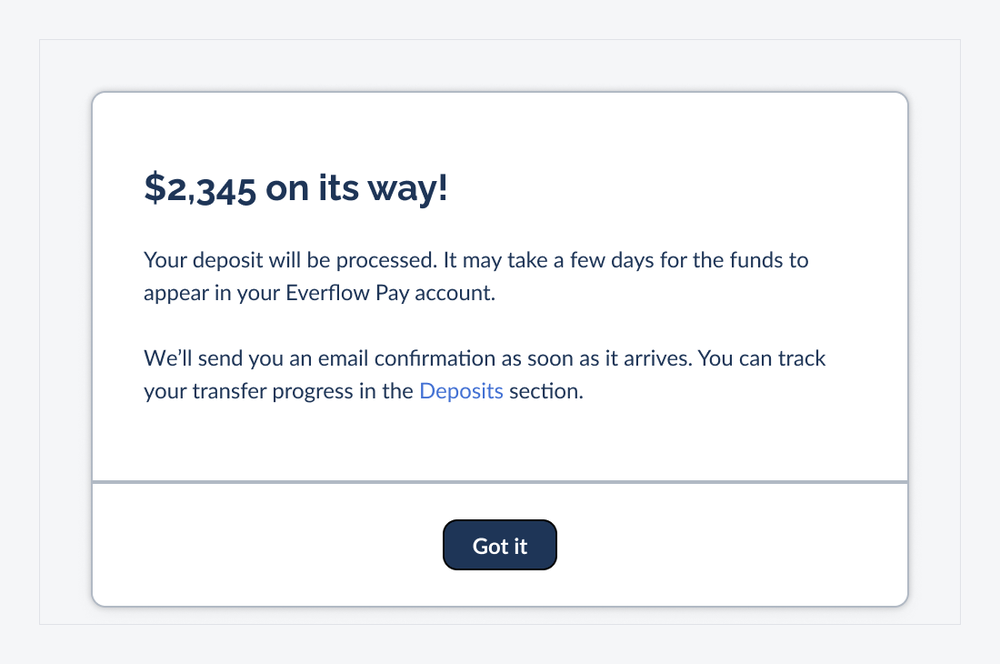 Confirmation screen reading your deposit is on its way