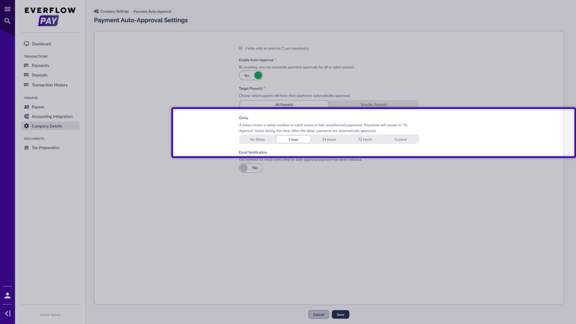 Auto-Approval delay options highlighted