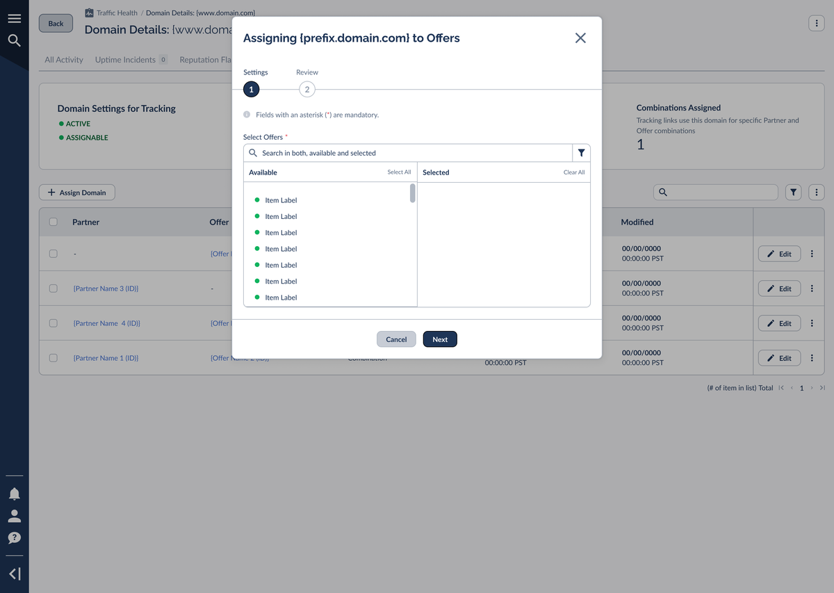Step 1 of the Assign to Offers wizard with the Select Offers dual-list picker