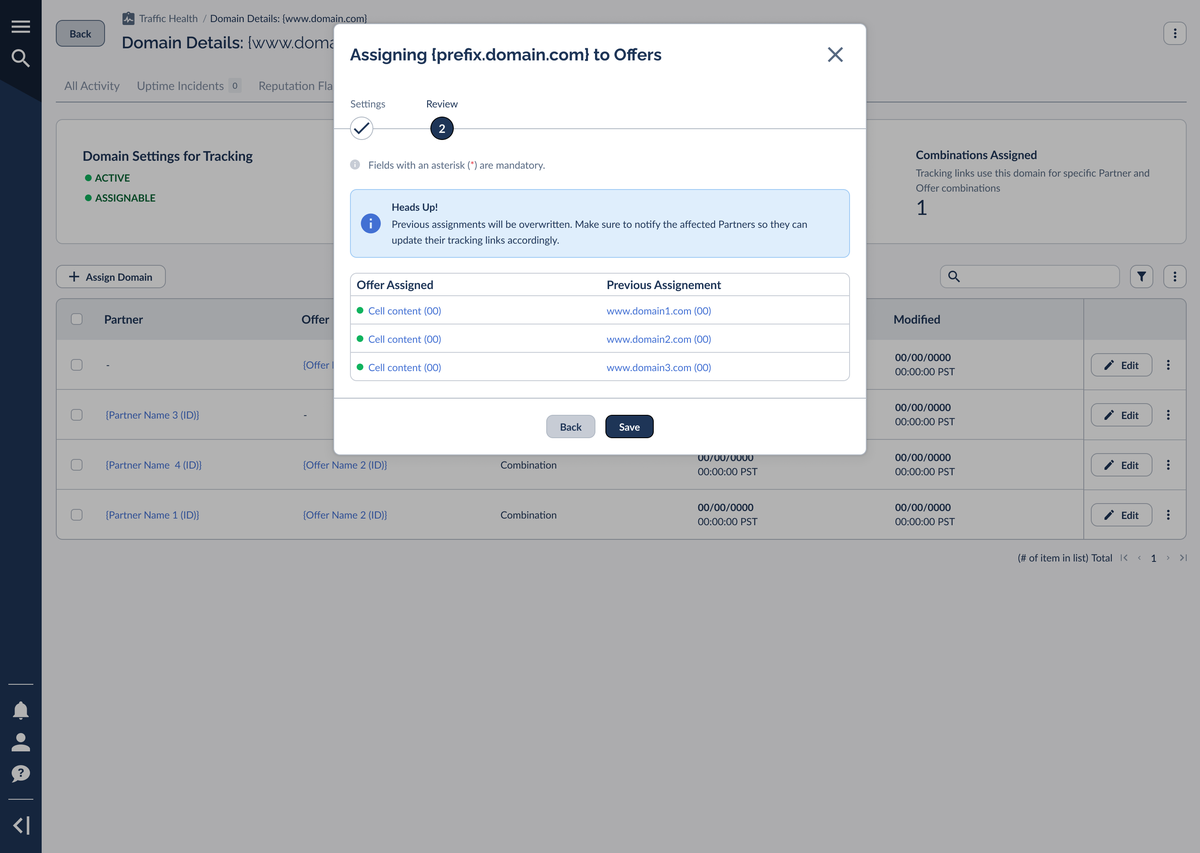 Step 2 Review of the Assign to Offers wizard showing the Heads Up overwrite warning and a before-and-after table