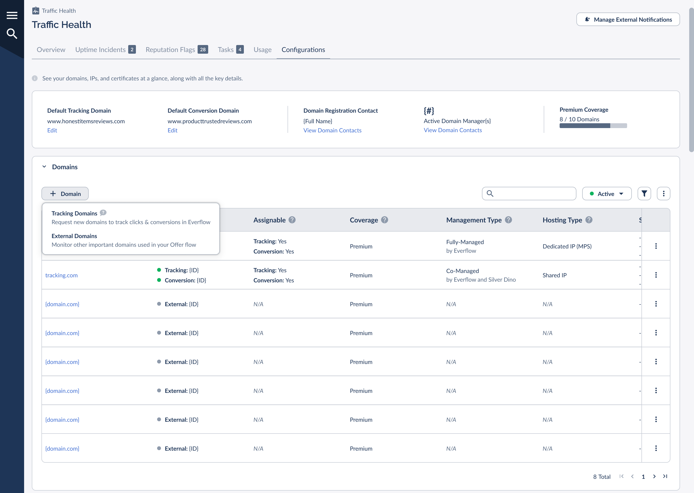 The + Domain dropdown showing Tracking Domains and External Domains options