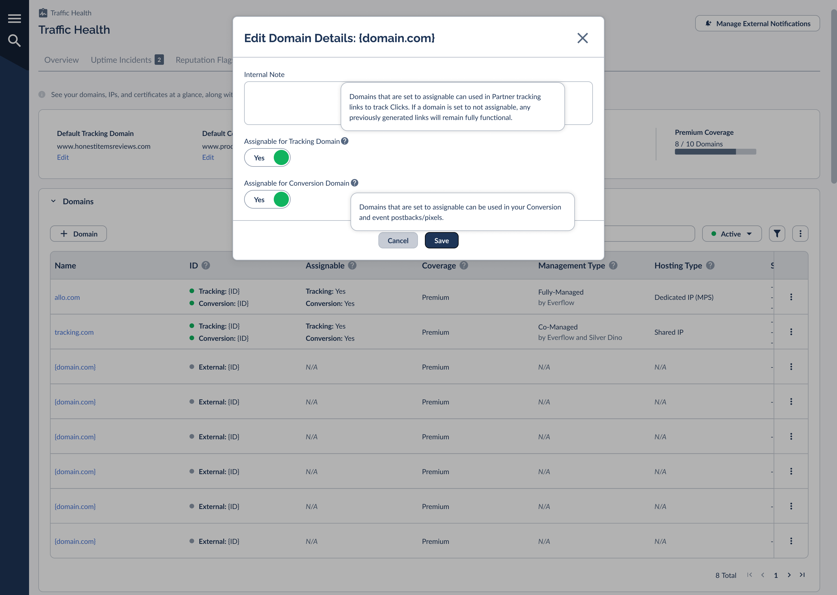 The Edit Domain Details modal with the assignable tooltips expanded