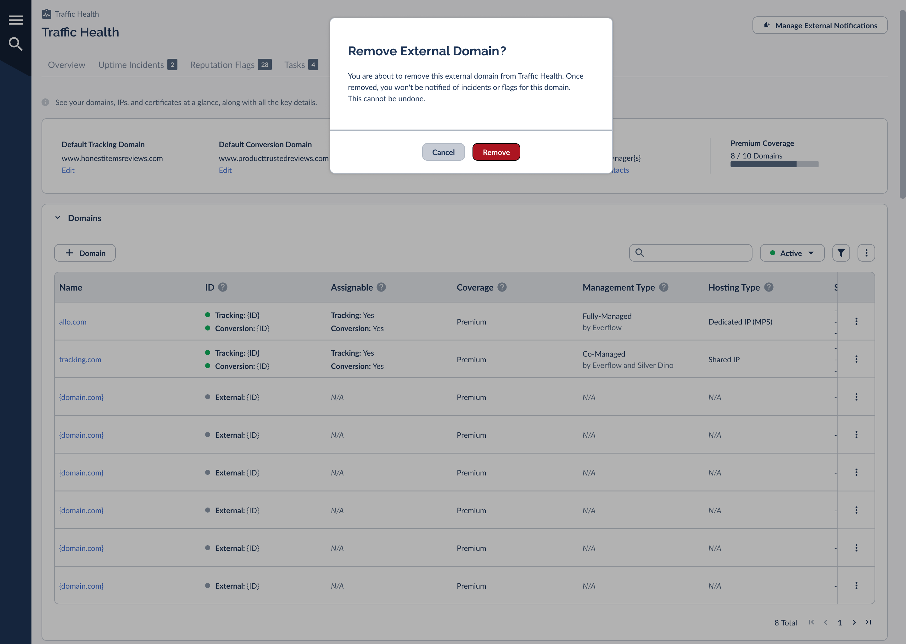 The Remove External Domain confirmation dialog