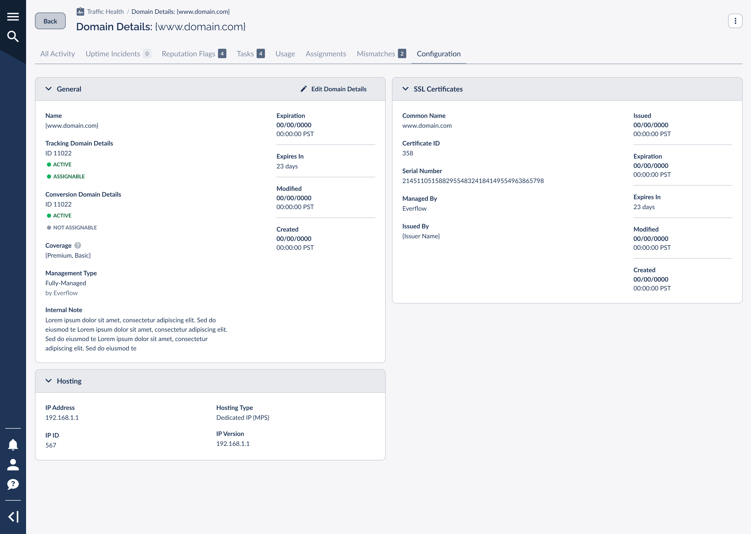 The per-domain Configuration tab showing General, SSL, and Hosting cards