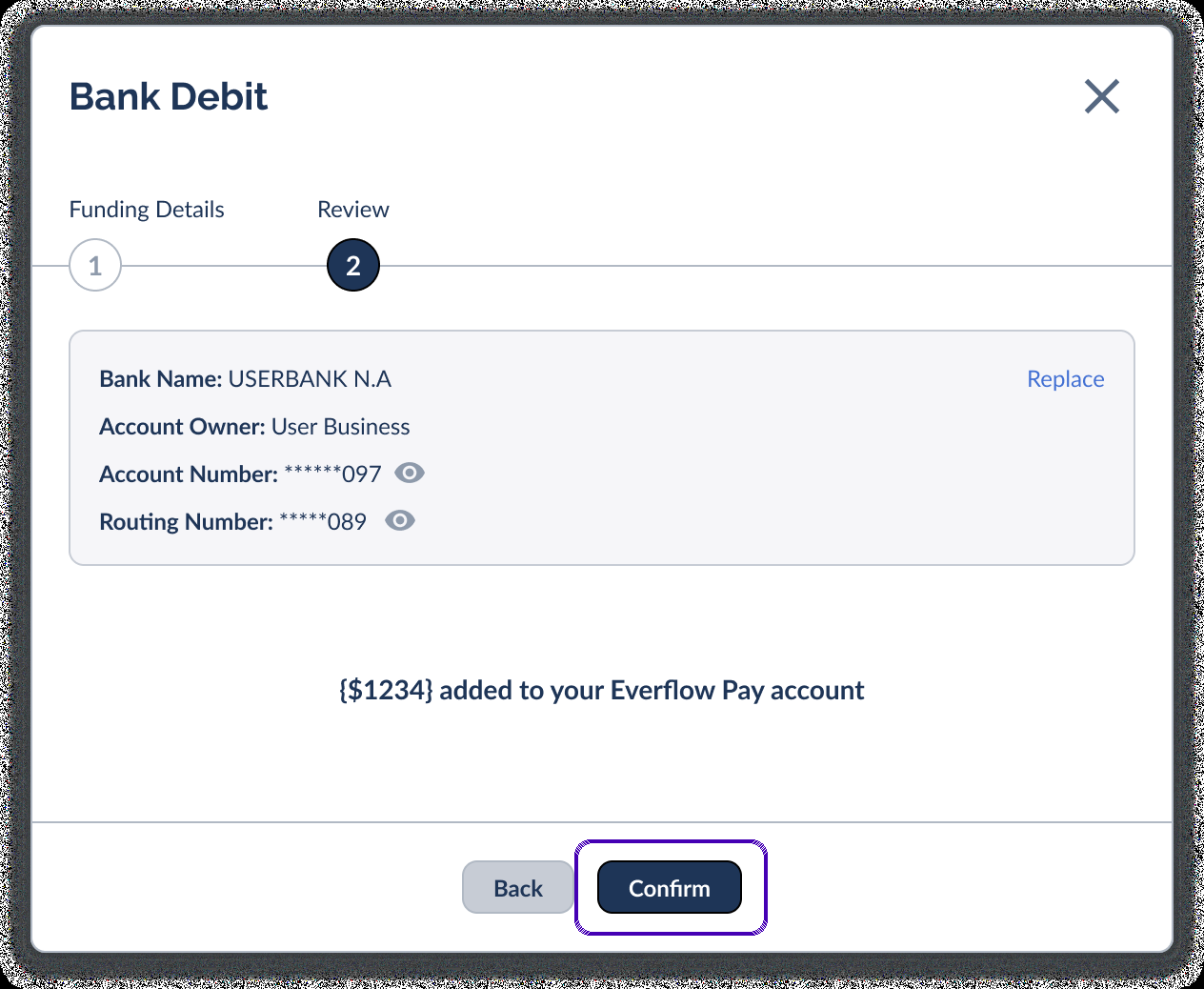 Review screen with the Confirm button highlighted