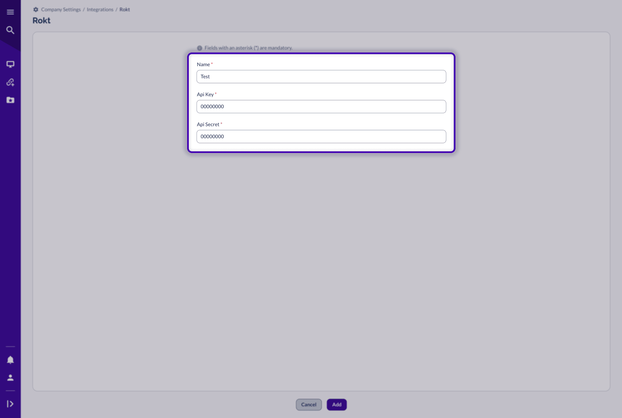 Rokt integration form with Name, Api Key and Api Secret filled in