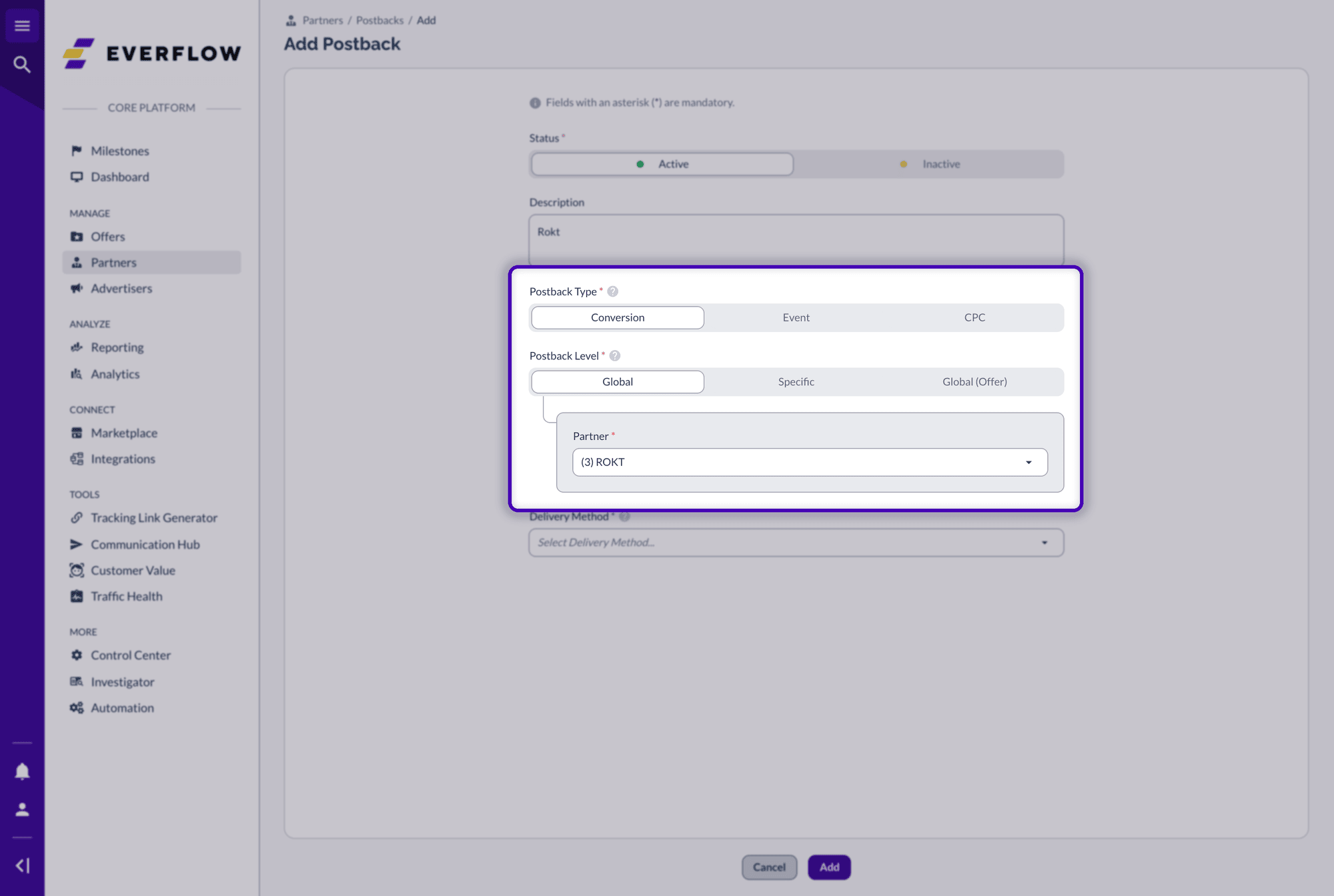 Add Postback form with Conversion, Global and the Rokt partner selected