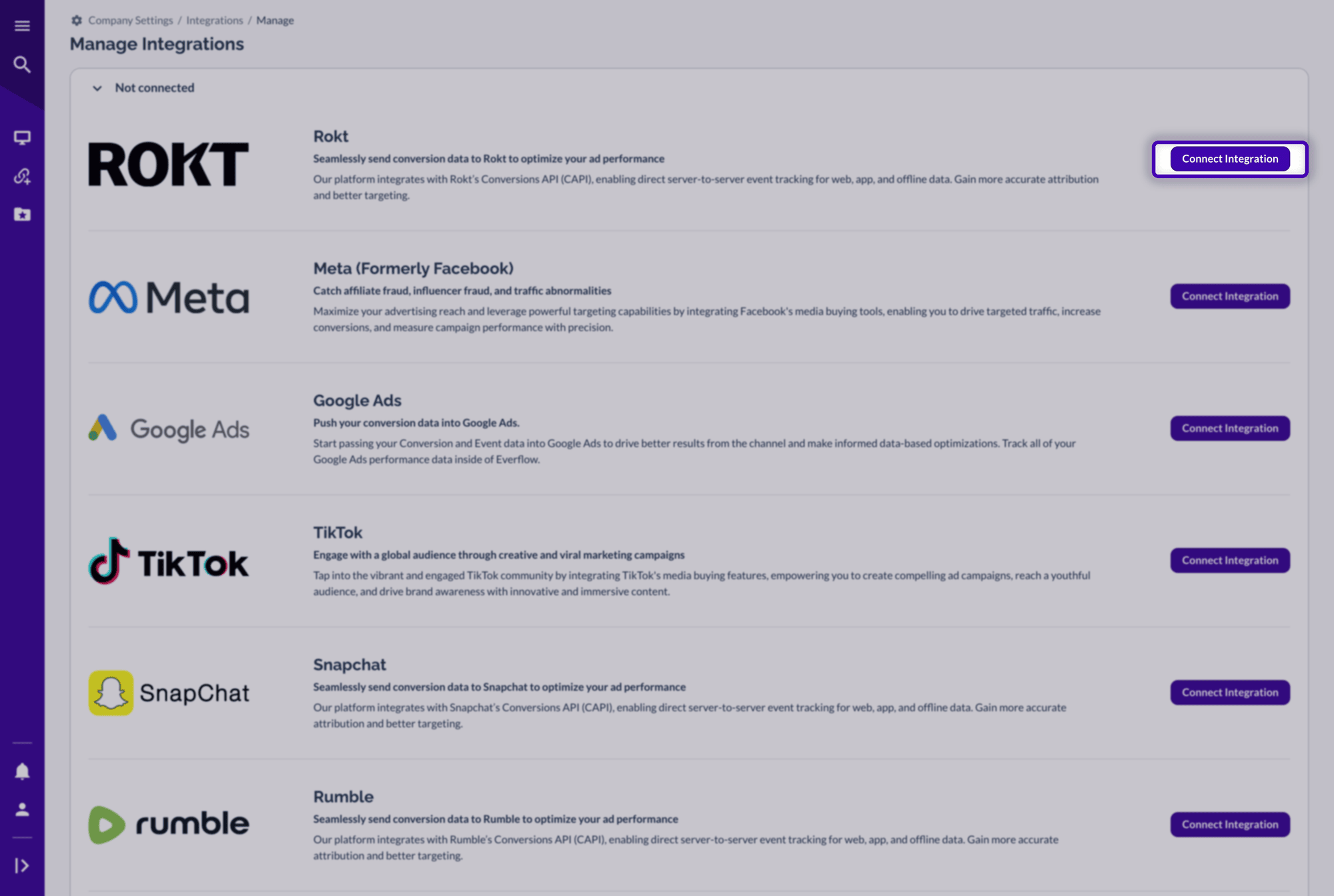 Manage Integrations page with the Connect Integration button for Rokt highlighted