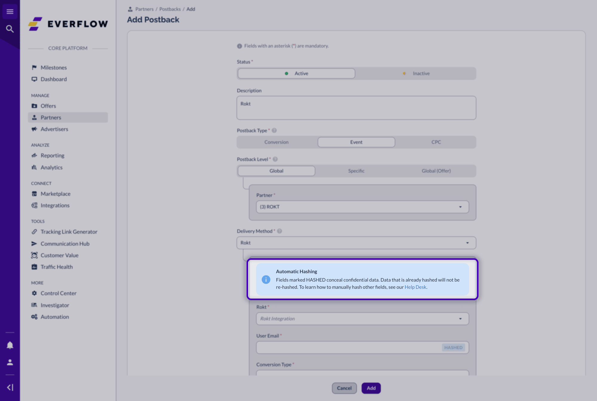Rokt postback fields with the Automatic Hashing notice highlighted