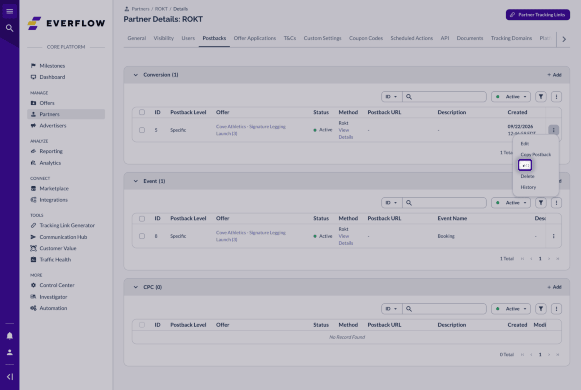 Postback row menu with Test highlighted