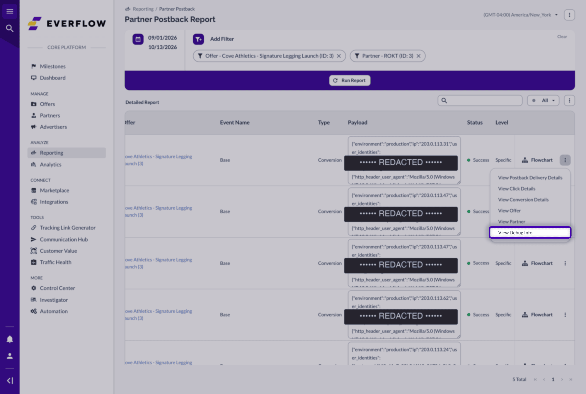 Partner Postback report row menu with View Debug Info highlighted