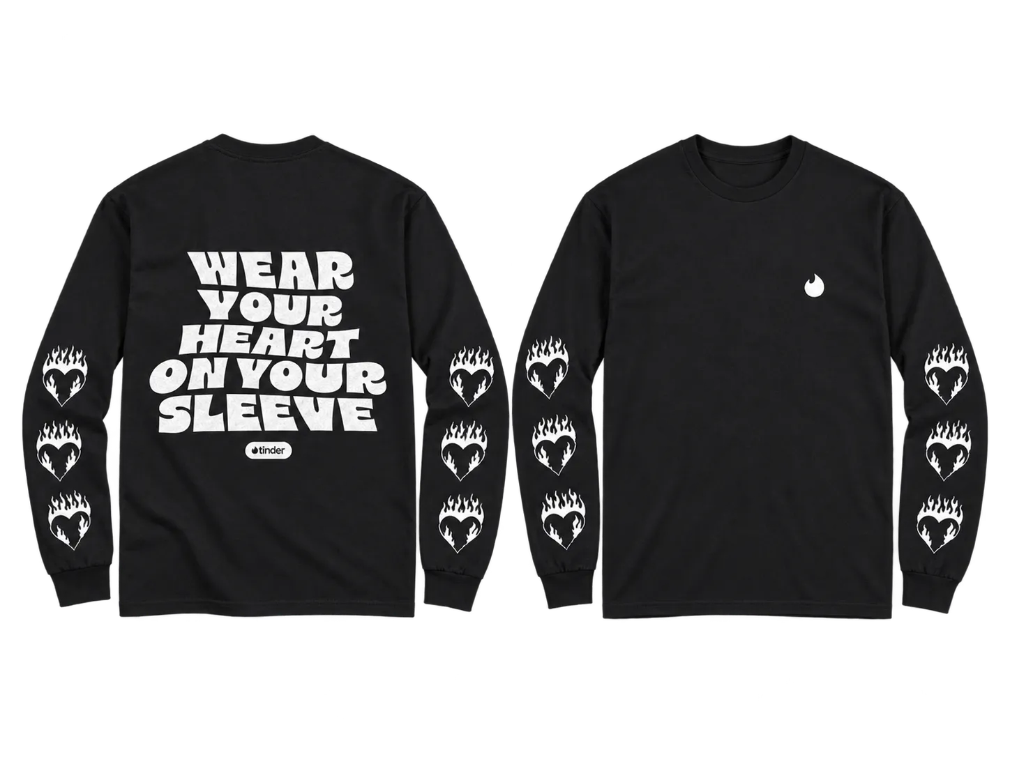 Black Tinder long-sleeve shirt with Wear Your Heart on Your Sleeve artwork and white flaming sleeves