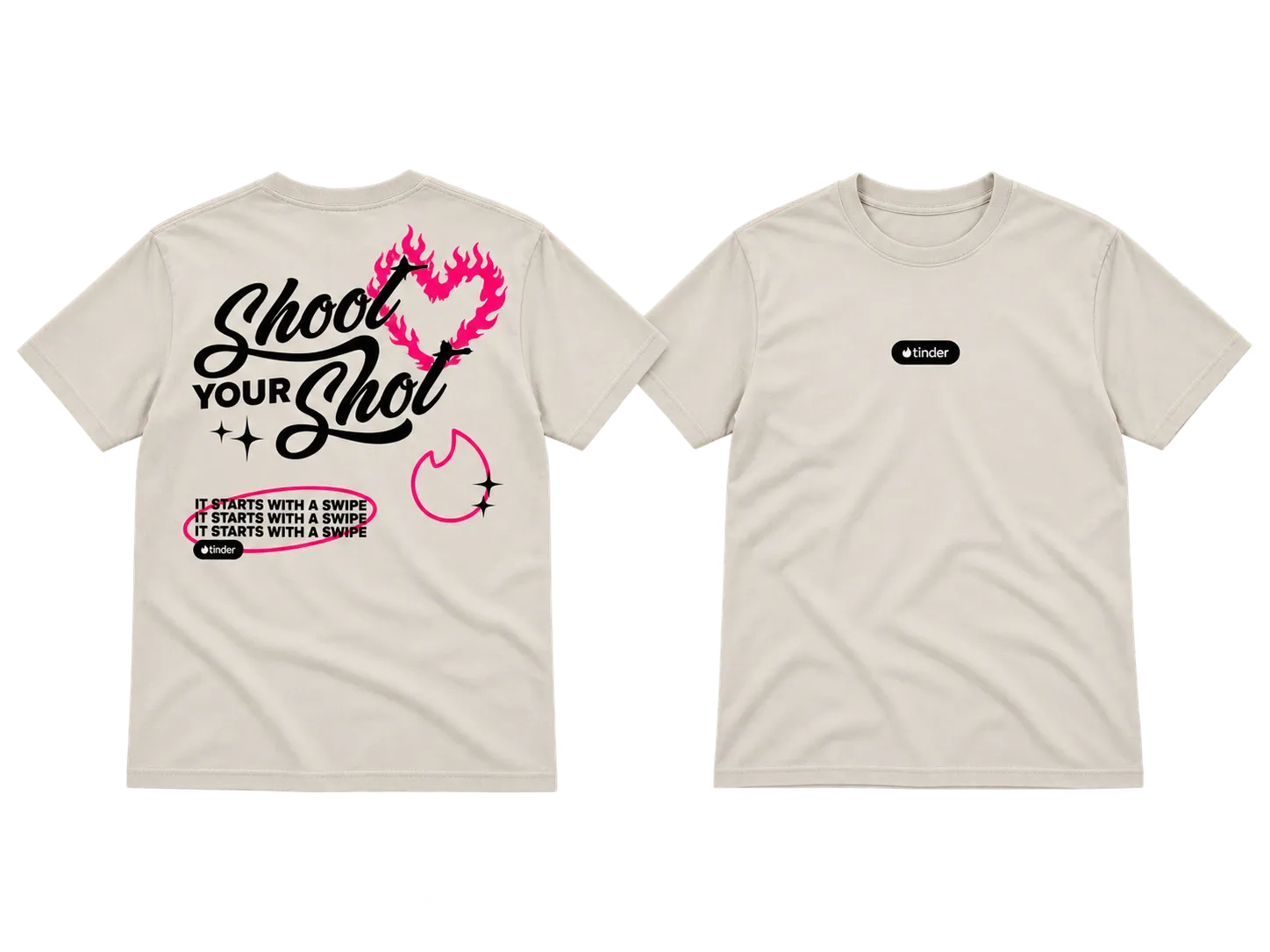 Front and back of the bone Tinder tee with black-and-pink Shoot Your Shot artwork