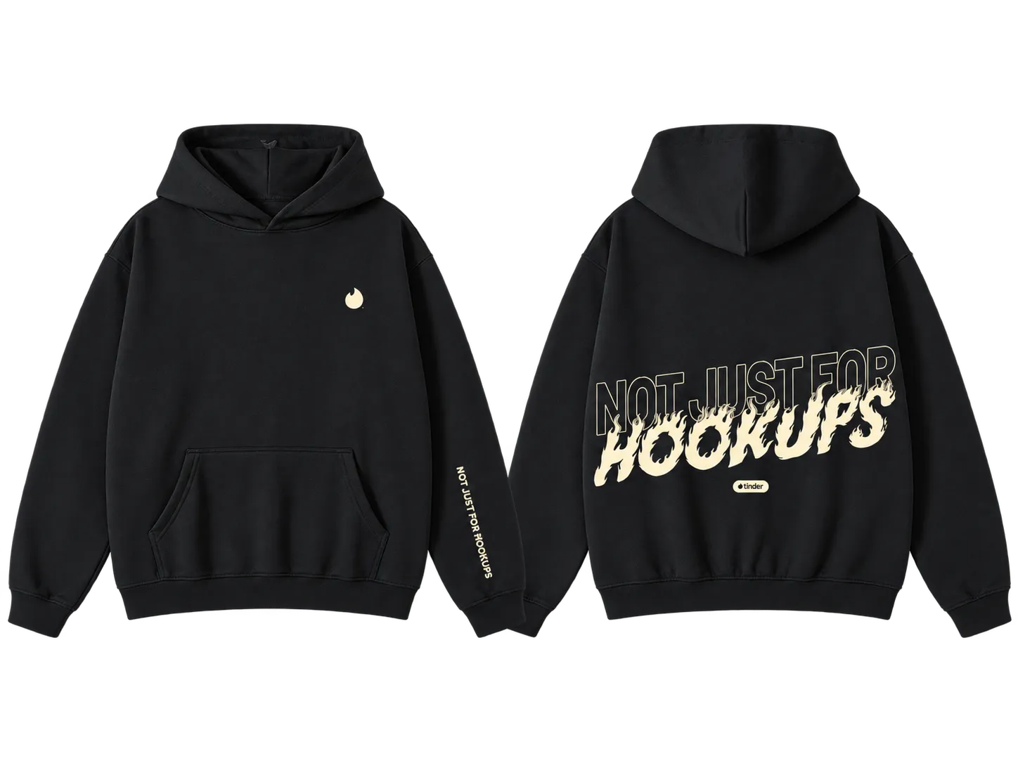 Black Tinder hoodie with Not Just for Hookups graphic